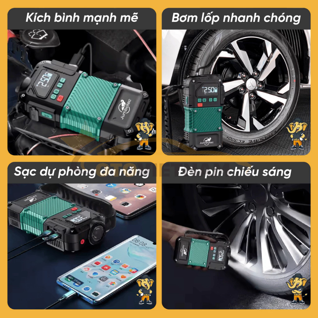 Bơm Lốp Kích Bình Jumbotec B02 – Thiết Bị Cứu Hộ Ô Tô 4 Trong 1