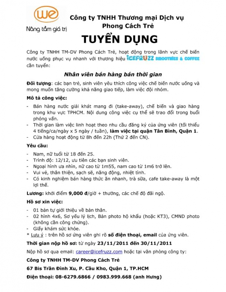 [Icefruzz] Tuyển dụng nv part-time tại Q. Tân Bình, Q1