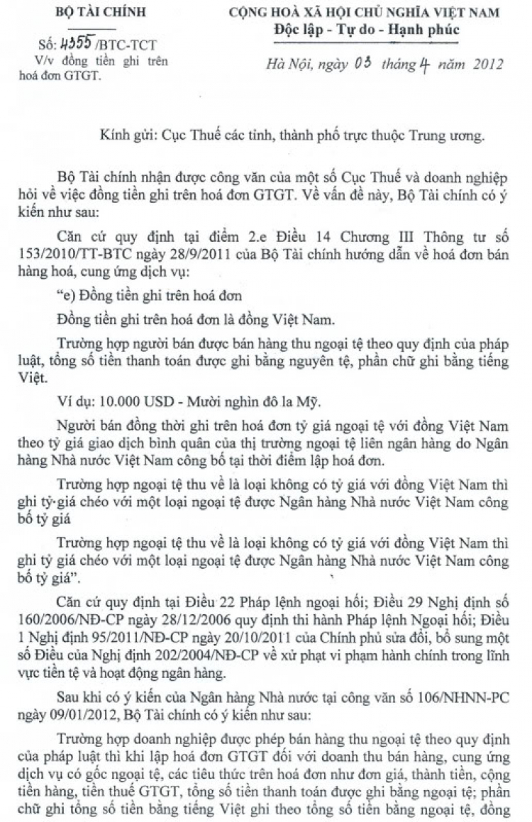 Em hỏi về quy định tại công văn 3455/BTC-TCT ngày 3/4/2012