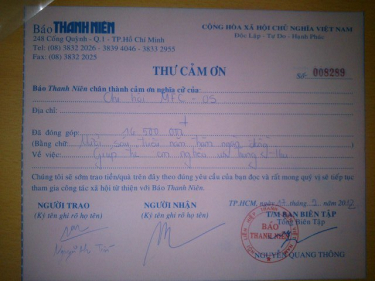 Tổng kết tiền từ thiện của hội MFC Tổng kết tiền từ thiện của hội MFC