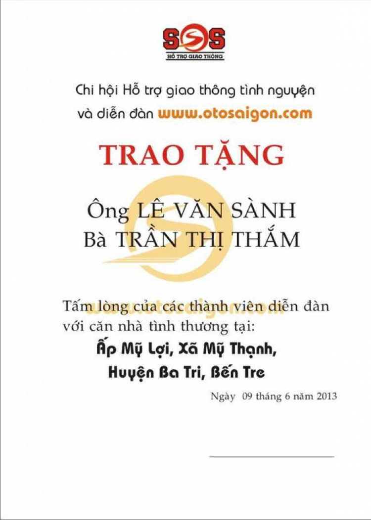 CN 09/06/13 O.S trao nhà tình thương cho ông Lê Văn Sành ở Bến Tre