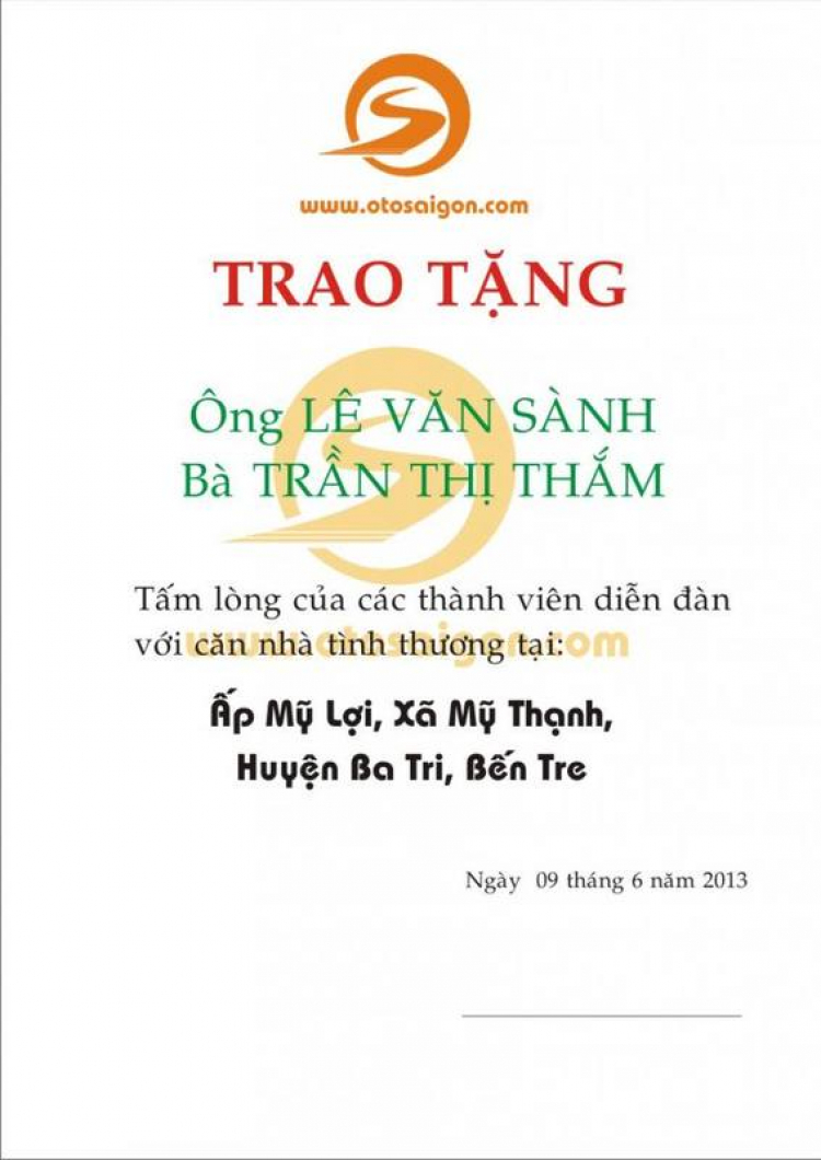 CN 09/06/13 O.S trao nhà tình thương cho ông Lê Văn Sành ở Bến Tre