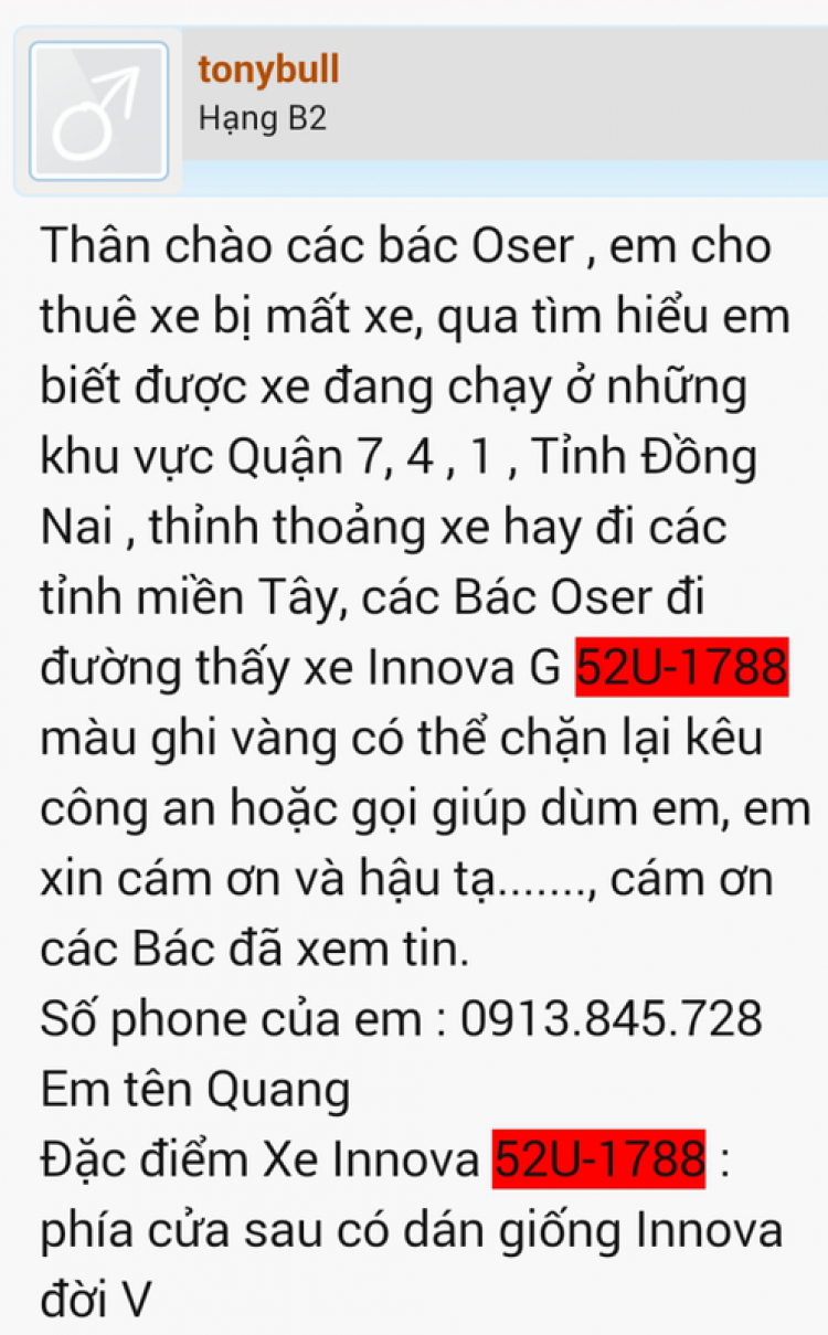 Cần tìm xe Innova G màu ghi vàng 52U-1788