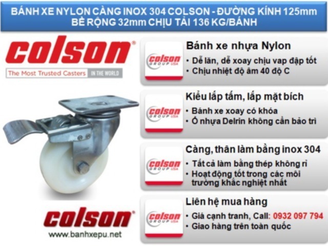 bánh xe nhựa trắng nguyên khôi nylon 6 càng inox 304 colson xoay khóa phi 125 www.banhxepu.net.jpg