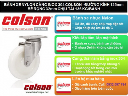 bánh xe nhựa trắng nguyên khôi nylon 6 càng inox 304 colson xoay phi 125 www.banhxepu.net.jpg