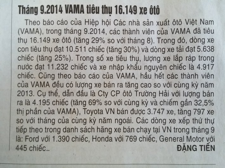 Lộ diện 10 xe ô tô bán chạy nhất Việt Nam tháng 9/2014