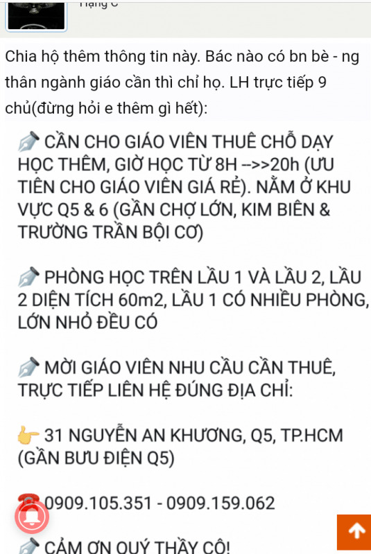 Cho Giáo Viên thuê phòng Học