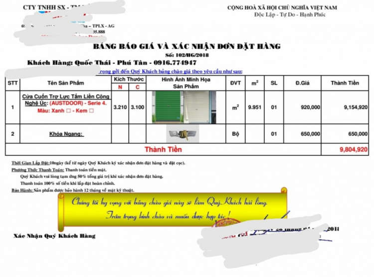 Các bác xem dùm e 2 cái Báo giá cửa cuốn