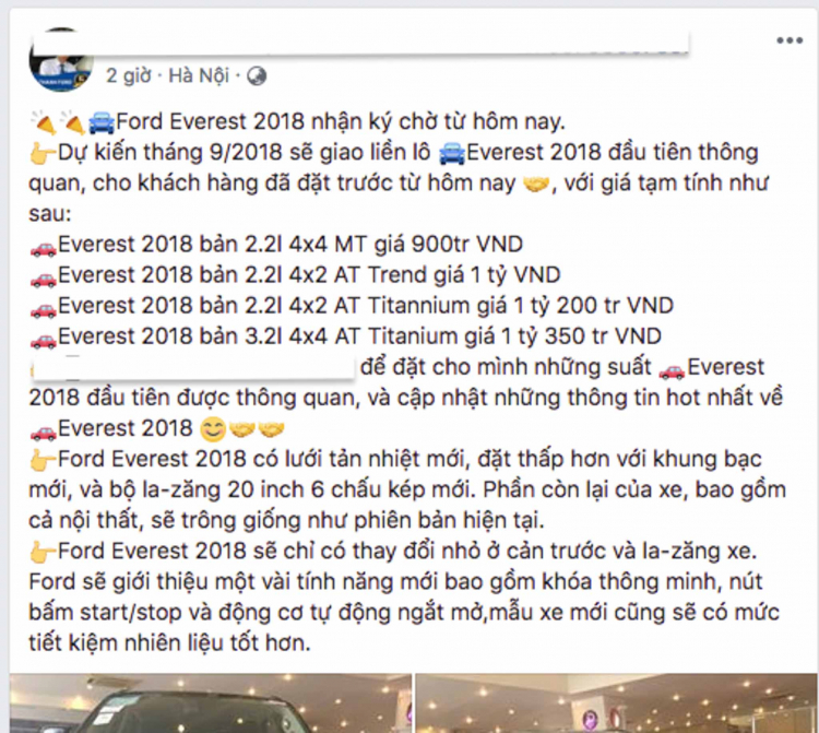 Ford Everest 2018 mở đặt cọc; giá tạm tính từ 900 triệu đến 1,35 tỷ đồng