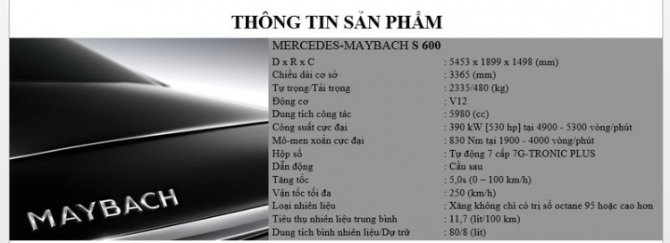 Thông số kỹ thuật Mercedes-Maybach S600 giá 9,66 tỷ đồng