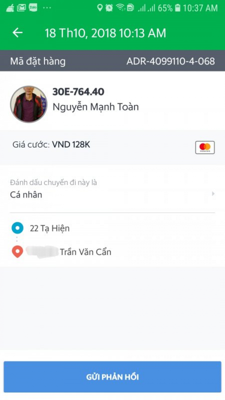 Grab pay , các bác có bị Moca gì gì đó ko ạ?