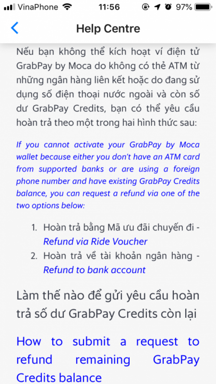 Grab pay , các bác có bị Moca gì gì đó ko ạ?