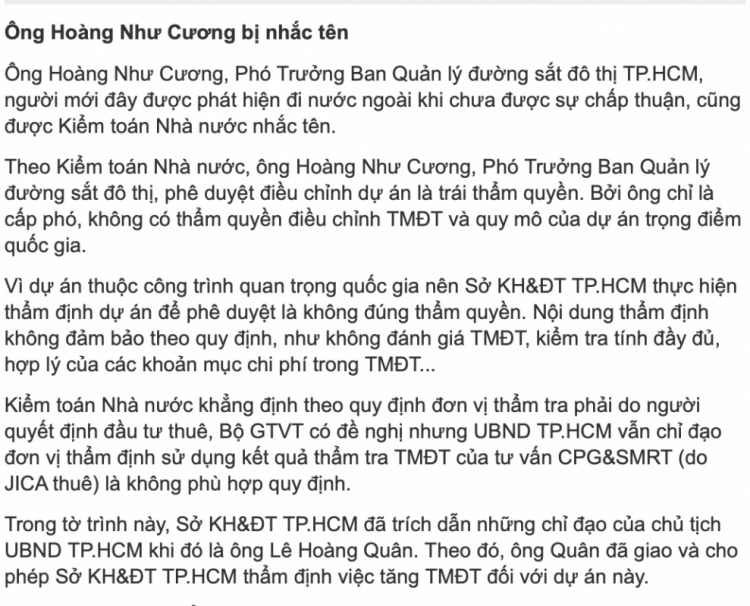 Ban Quản lý đường sắt đô thị TPHCM (ĐSĐT) đã có những sai sót và vi phạm rất nghiêm trọng