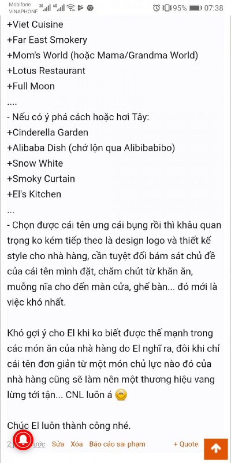 Giúp em chọn tên cho nhà hàng