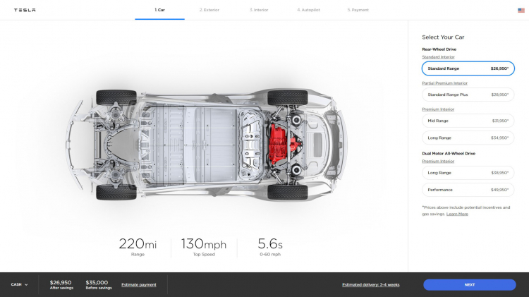 Tesla Model 3 có giá bán từ 35.000 USD; giá tương với Camry XLE V6 tại Mỹ