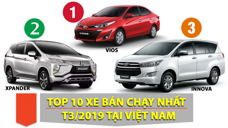 TOP 10 xe bán chạy nhất Việt Nam T3/2019: Vios quay lại dẫn đầu; Xpander và Innova xếp thứ 2 và 3