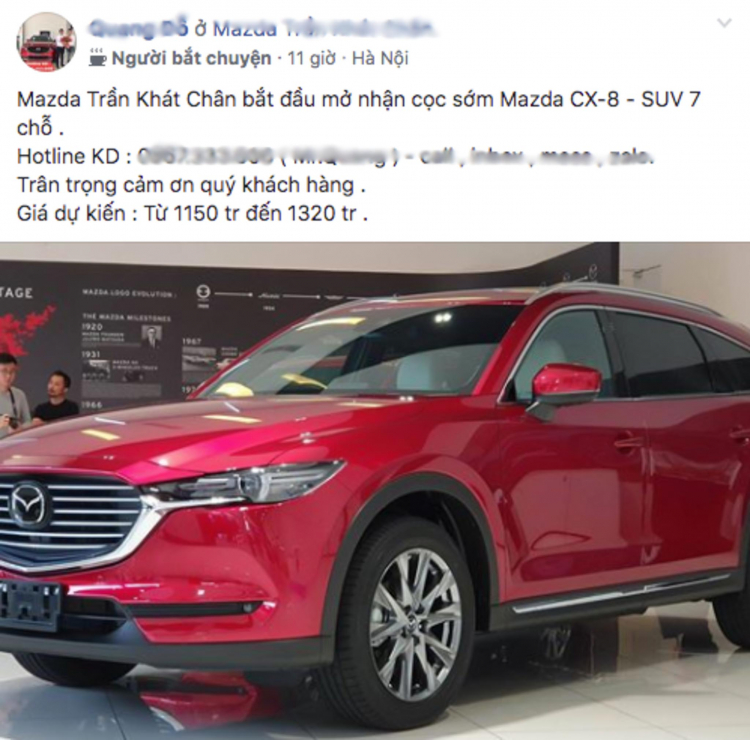 Mazda CX-8 có giá dự kiến từ 1,150 - 1,320 tỷ đồng tại Việt Nam; đại lý đã bắt đầu nhận đặt cọc