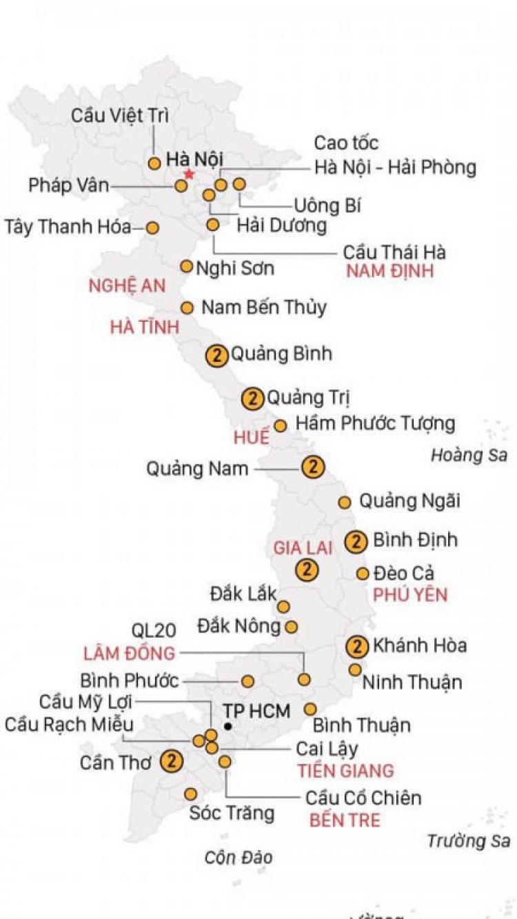 Vị trí của 37 dự án BOT được đề nghị tăng phí