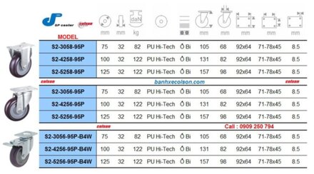 kích thước bánh xe nhựa pu tải trung sp caster, mặt đế banhxecolson.com.jpg