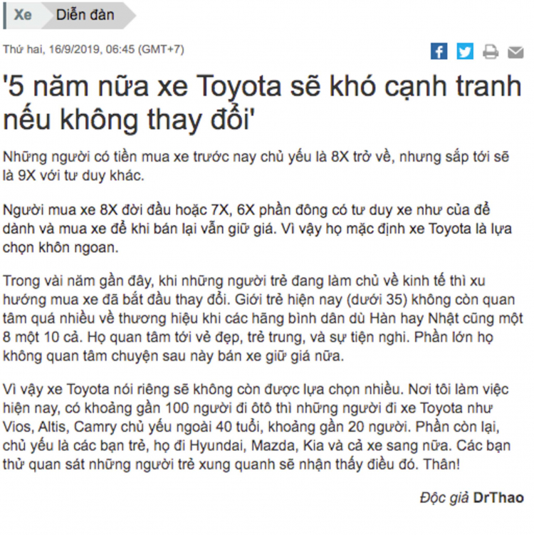 Các bác nghĩ gì về nhận định ‘’5 năm nữa xe Toyota sẽ khó cạnh tranh nếu không thay đổi’’?