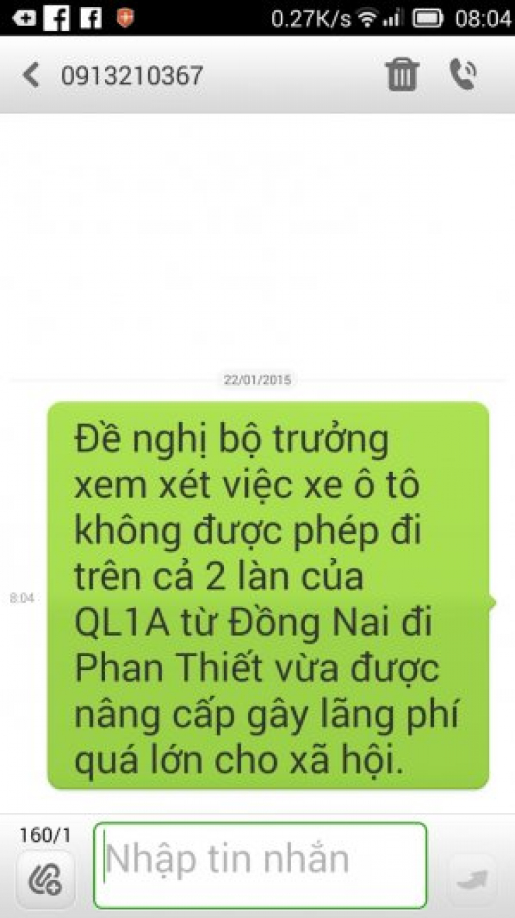 nhắn tin cho bộ trưởng Thăng (091-321-0367) để đi được cả 2 làn trên QL1A từ Dầu Giây đi Phan Thiết