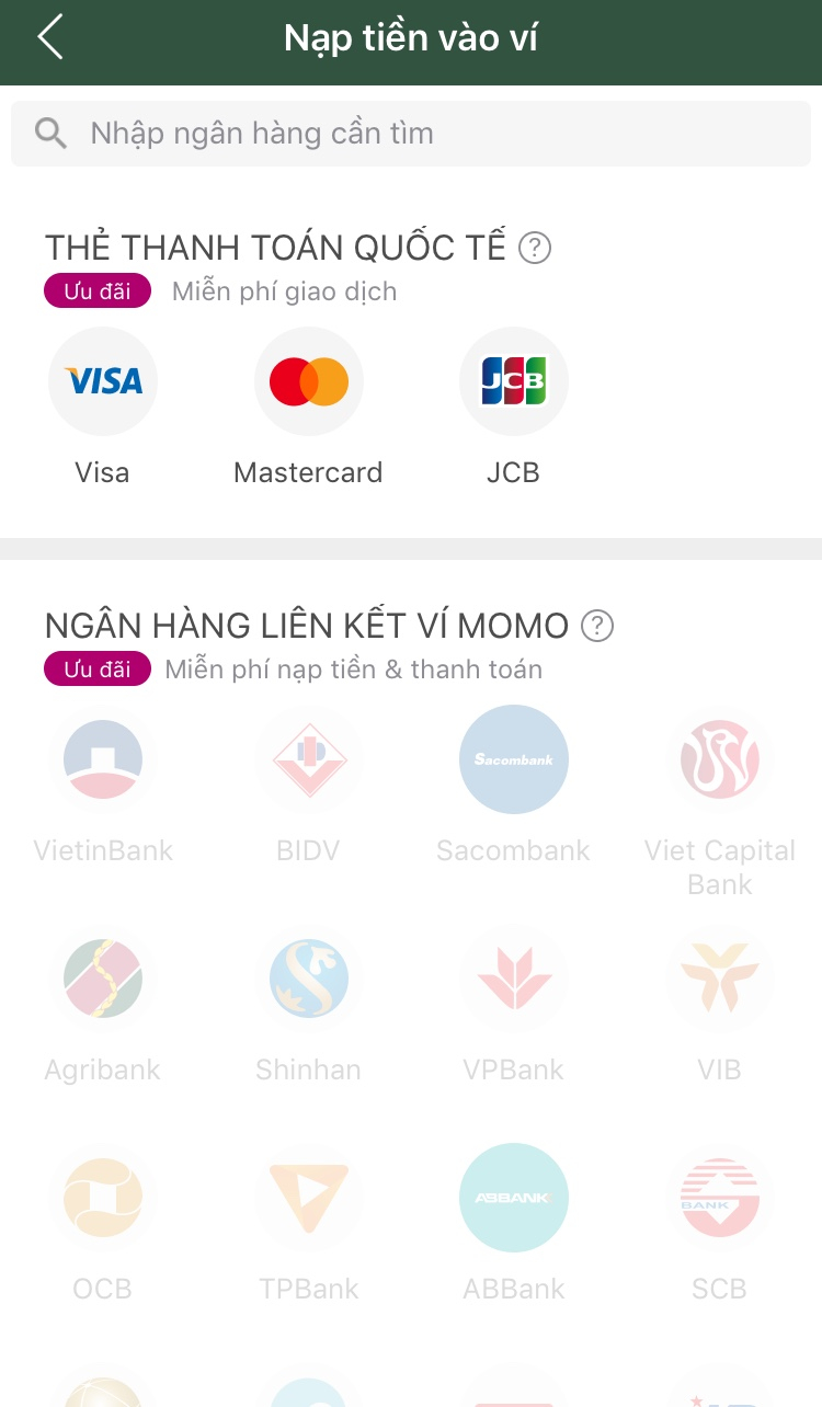 Nạp tiền vào Momo từ thẻ visa, master?