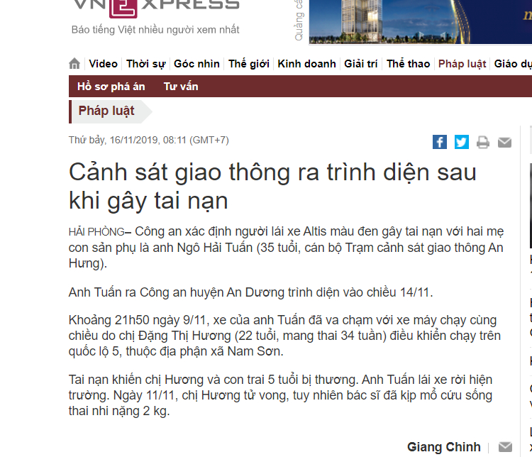 Người gây tai nạn khiến thai phụ tử vong là cán bộ công an Hải Phòng Người gây tai nạn khiến thai phụ tử vong là cán bộ công an Hải Phòng
