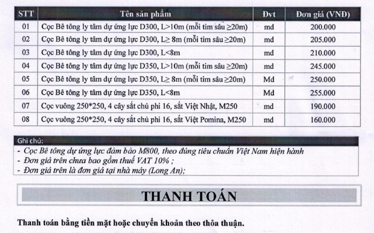 BÁO GIÁ  CỌC BÊ TÔNG LY TÂM D300