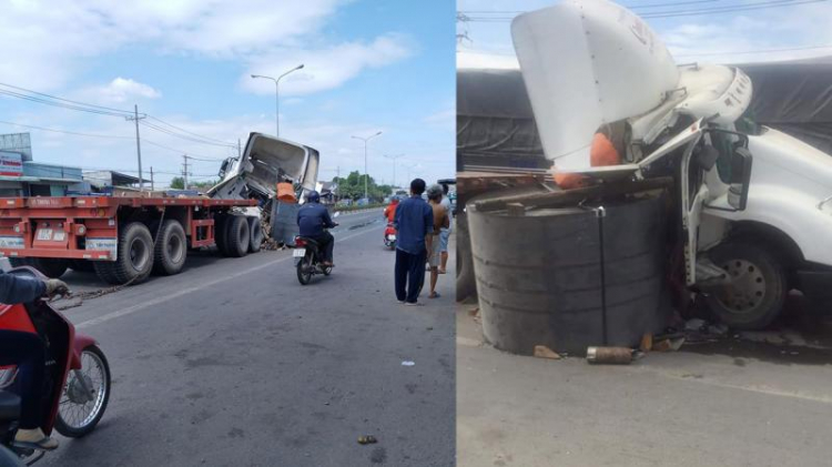 KINH HOÀNG CUỘN THÉP ĐÈ NÁT ĐẦU XE CONTAINER, TÀI XẾ MAY MẮN THOÁT NẠN.