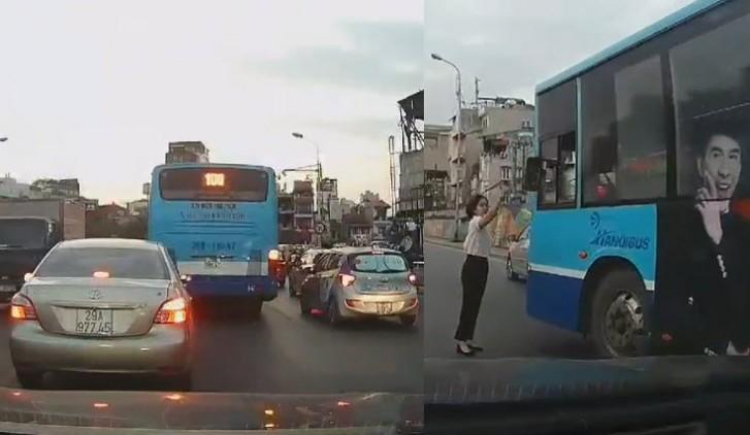 Clip: Ô tô bị quệt gãy gương, nữ tài xế truy đuổi và chặn xe buýt chạy ẩu