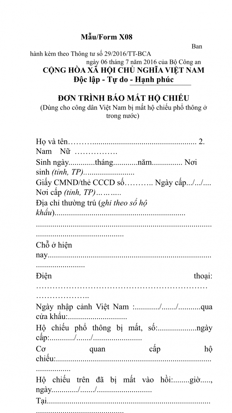 Form X08 báo mất hộ chiếu