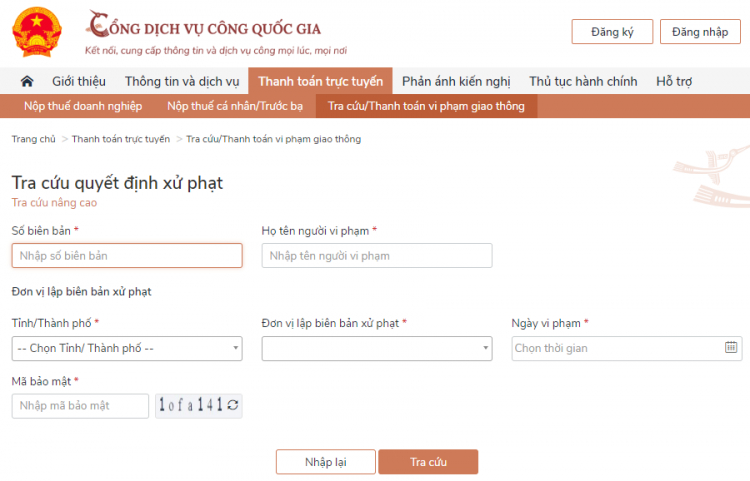 Đã có thể đóng phạt vi phạm giao thông qua trang web Dịch vụ công Quốc gia