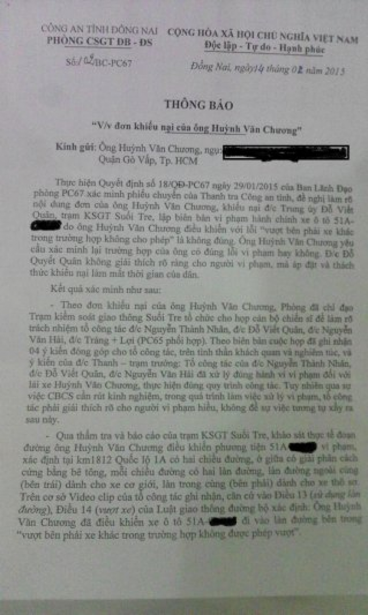 Văn bản trả lời của PC67 Đồng Nai về lỗi vượt phải khu vực Long Khánh - Dầu Giây
