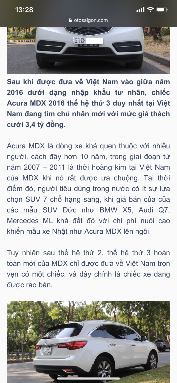 Acura MDX đời 2016 hàng hiếm tại Việt Nam rao bán với giá 3,4 tỷ đồng