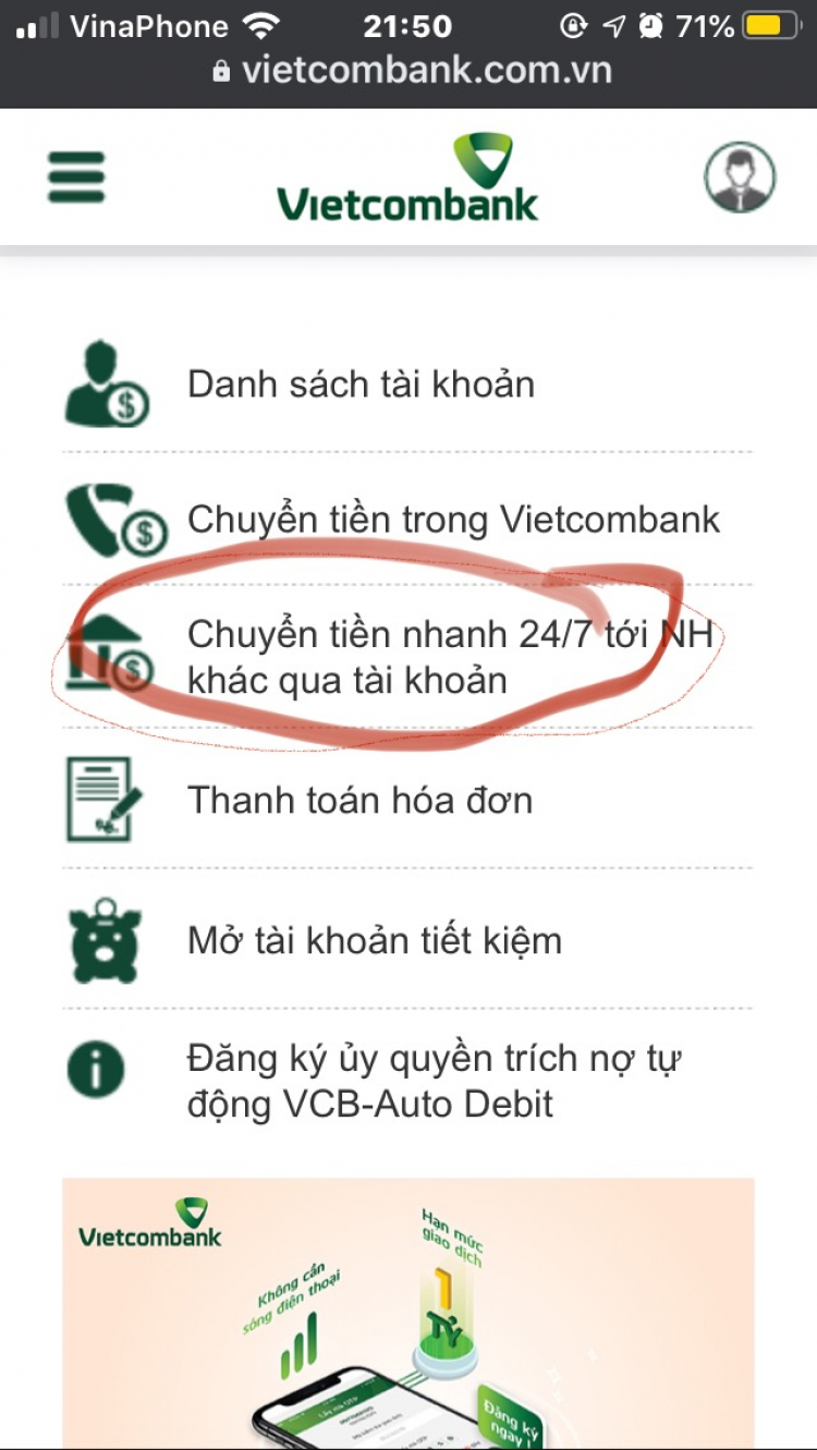 Cho em hỏi chuyển khoản khac ngân hàng VCB