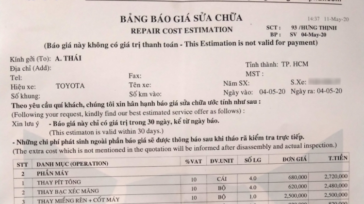 Nhờ các bác đánh giá dịch vụ sữa chữa xe garage này giúp em