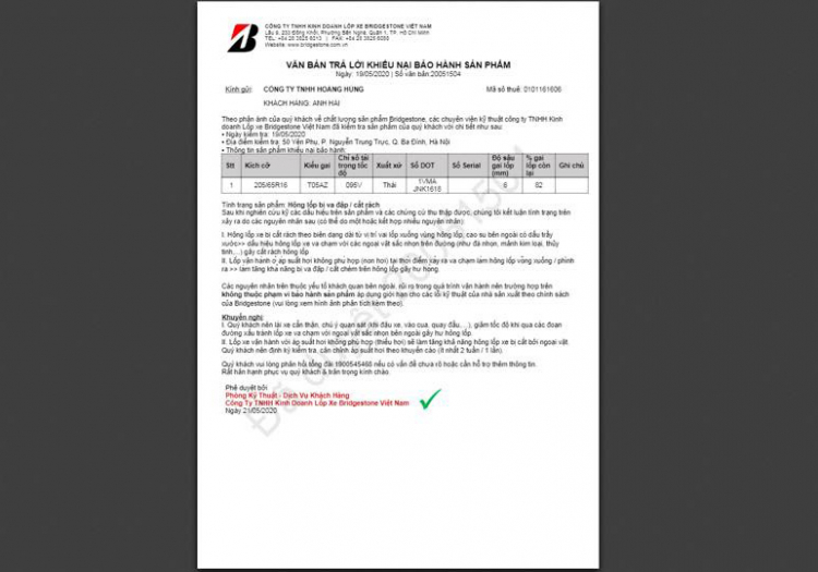 Có hay không cái gọi là bảo hành lốp của hãng Bridgestone??? Có hay không cái gọi là bảo hành lốp của hãng Bridgestone???