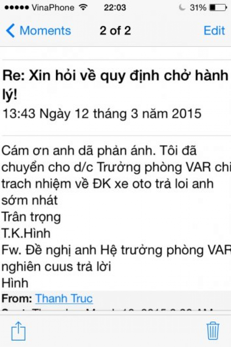 Đang chờ trả lời từ Cục Đăng kiểm vụ baga mui - Đã có trả lời trang 13