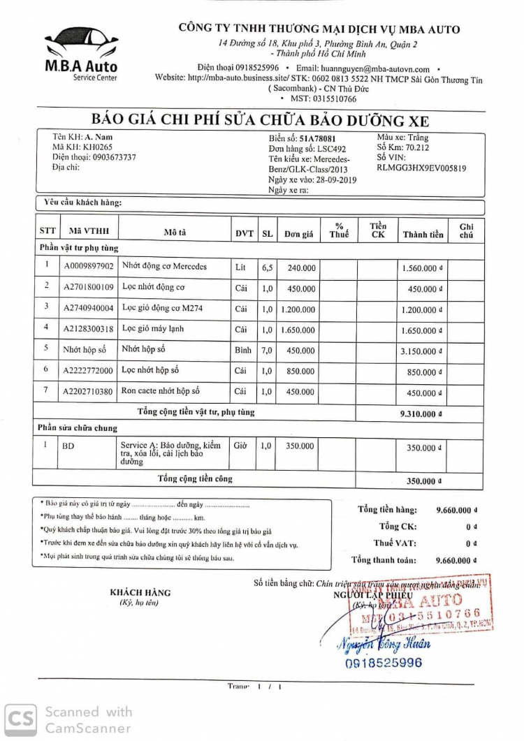 Chi phí bảo dưỡng Mẹc.