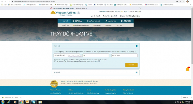 Cách đổi Thời gian bay của VNA (mua vé online)