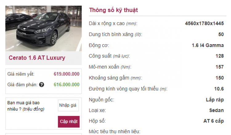 Giá xe Cerato Luxury 1.6 AT bao nhiêu là ổn?