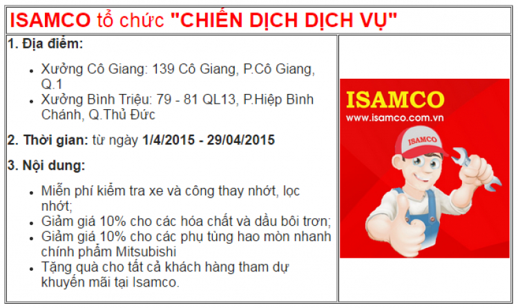 Chiến dịch kiểm tra xe miễn phí và phụ tùng giảm giá 20% 07/04/2014 ~ 25/04/2014