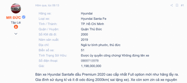 Hyundai SantaFe chạy lướt 2.000 km rao bán 1,2 tỷ đồng: lựa chọn hấp dẫn cho người thích SantaFe