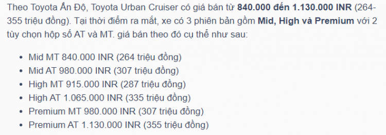 Toyota Urban Cruiser báo giá từ 270 triệu đồng tại Ấn, vẫn bị chê đắt Toyota Urban Cruiser báo giá từ 270 triệu đồng tại Ấn, vẫn bị chê đắt