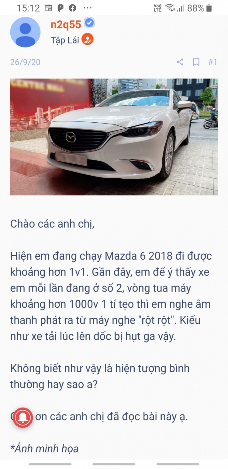 Âm thanh lạ từ máy xe MAZDA 6 2018