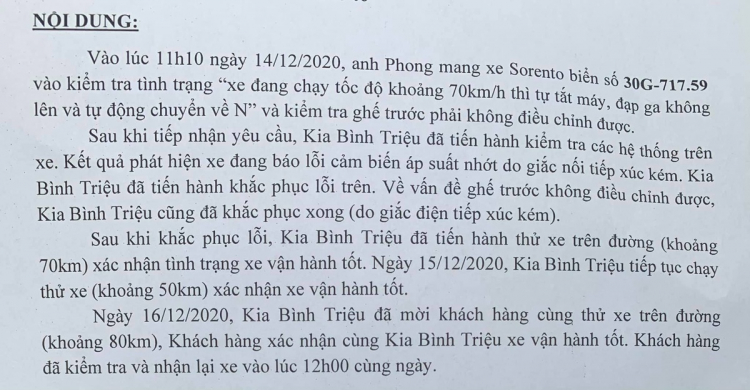 Chủ xe phản ánh tình trạng Kia Sorento 2021 bị chết máy đột ngột