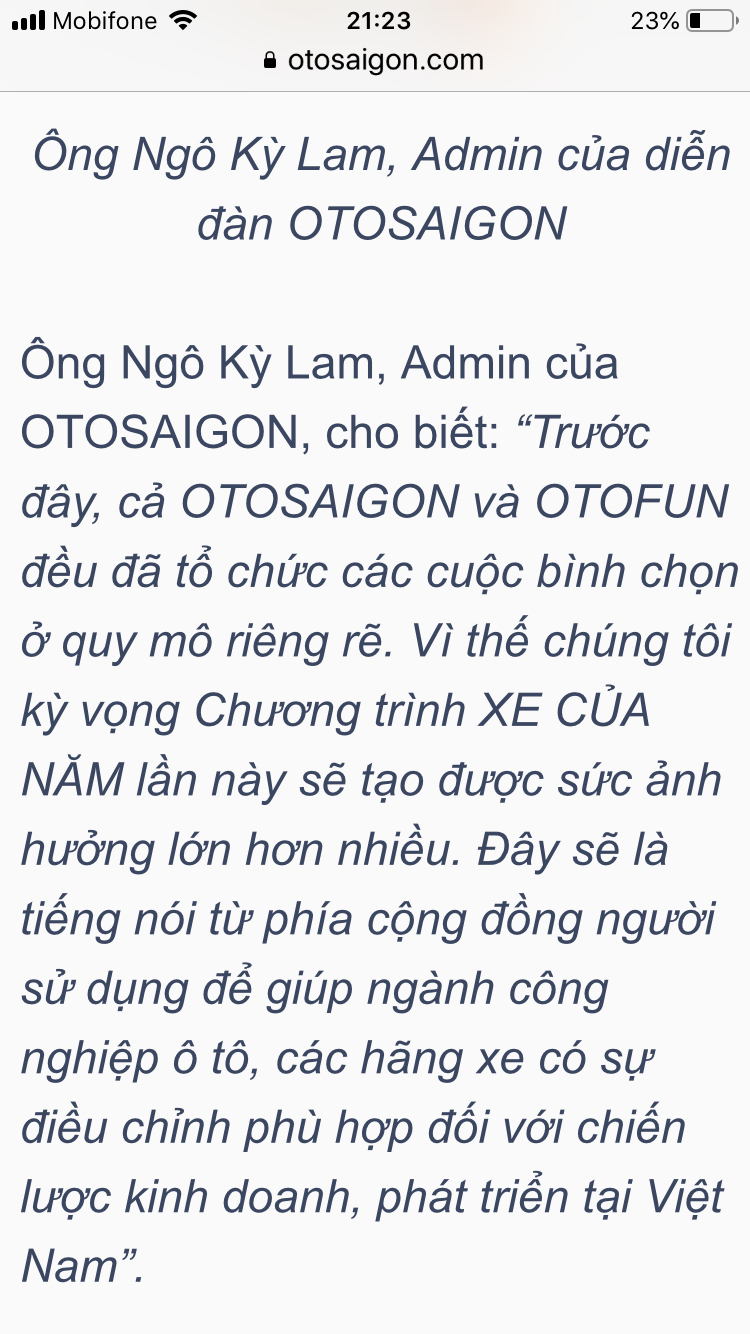 OTOFUN và OTOSAIGON hợp tác tổ chức bình chọn XE CỦA NĂM 2021