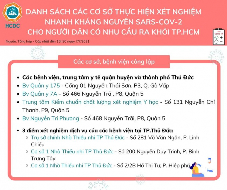 Địa chỉ và mức giá xét nghiệm COVID-19 tại TP.HCM