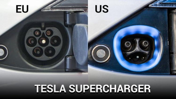 Ổ sạc tương thích đầu sạc Tesla tại châu Âu (trái) và Mỹ (phải)