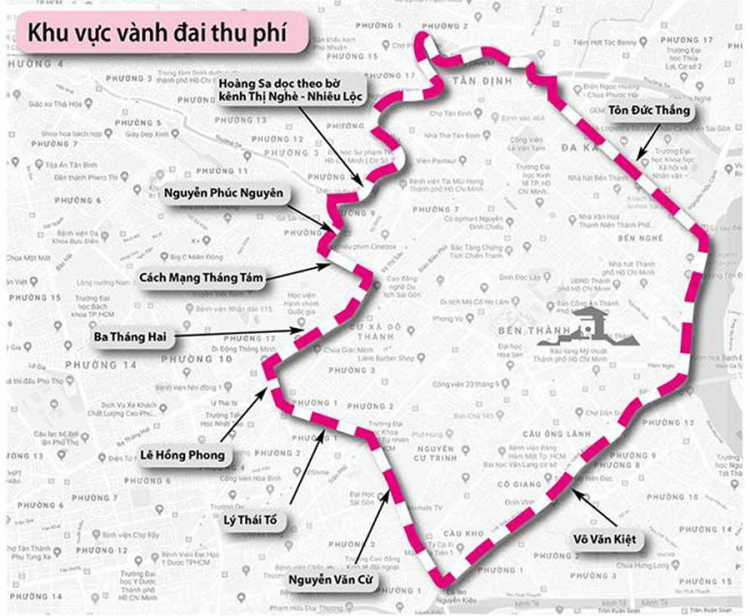 Phạm vi đề xuất thu phí ôtô vào quận 1, 3 và một phần quận 10